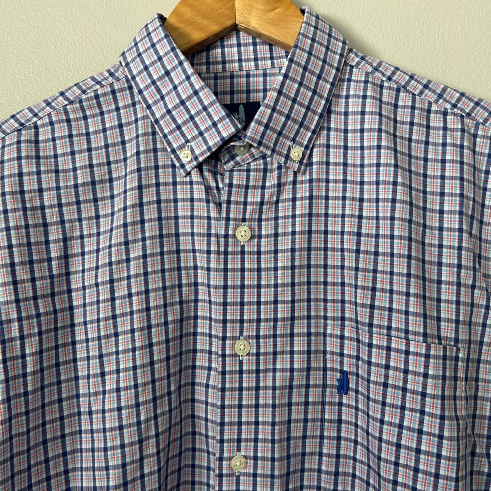 johnnie-O Shirt Mens Large Blue Red Plaid Button Down Long Sleeve Cotton Logo